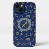 Etui iPhone 13 Sagittaire Zodiac+Astrologie Symboles Ptn Gld+Blue (Verso)