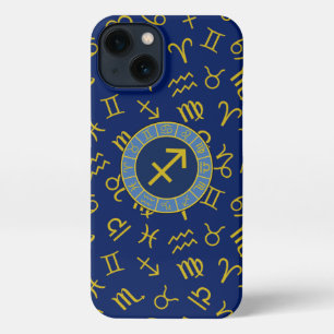 Etui iPhone 13 Sagittaire Zodiac+Astrologie Symboles Ptn Gld+Blue