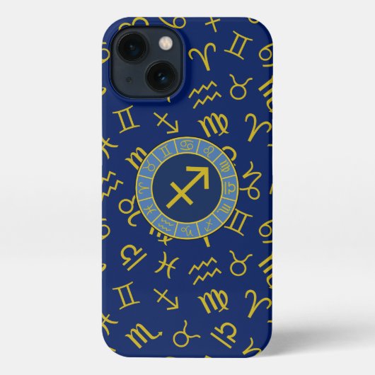 Etui iPhone 13 Sagittaire Zodiac+Astrologie Symboles Ptn Gld+Blue (Verso)