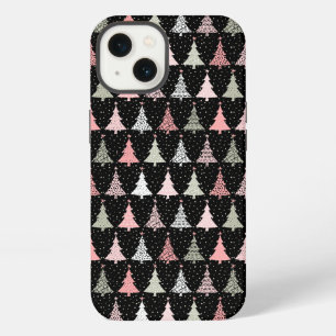 Etui iPhone 13 Sapin de Noël rose et vert avec fond noir