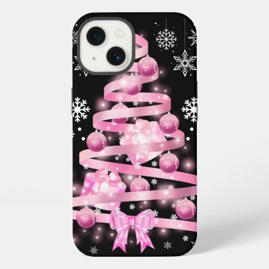 Etui iPhone 13 Sapin de Noël Ruban Rose Clair Flocon de Neige Bla (Verso)