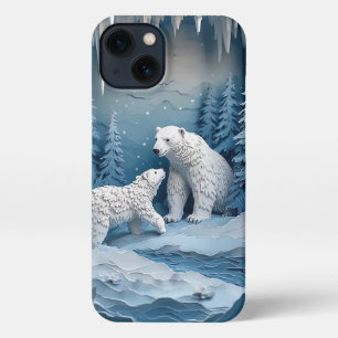 Etui iPhone 13 Scène d'art en papier d'hiver avec ours polaires