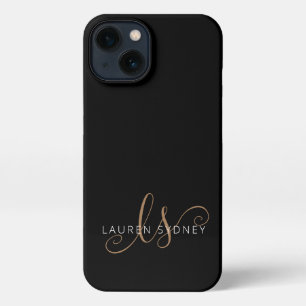 Etui iPhone 13 Script féminin Black Gold moderne Monogramme