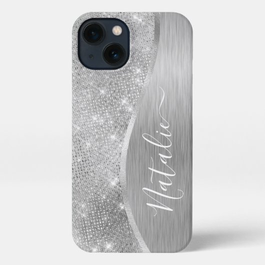Etui iPhone 13 Silver Glitter Glam Bling Personalized (Verso)