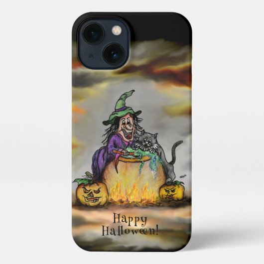 Etui iPhone 13 Sorcière et chat noir, Happy Halloween ! (Verso)
