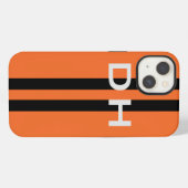 Etui iPhone 13 Stripes de course : Noir sur orange avec initiales (Verso Horizontal)