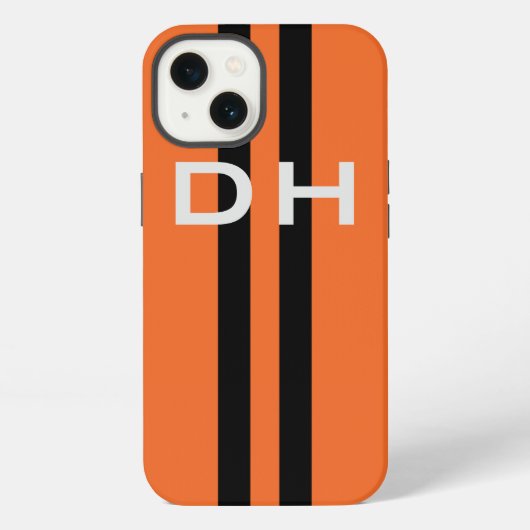Etui iPhone 13 Stripes de course : Noir sur orange avec initiales (Verso)