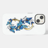 Etui iPhone 13 Symbole infini de papillons Morpho bleus (Verso Horizontal)