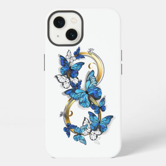 Etui iPhone 13 Symbole infini de papillons Morpho bleus (Verso)