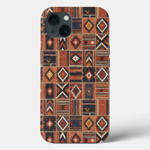 Etui iPhone 13 Tapisserie géométrique kilim en patchwork rustique