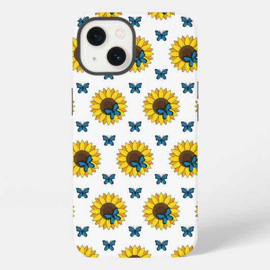 Etui iPhone 13 Tournesol et Papillon Bleu (Verso)