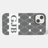 Etui iPhone 13 Treillis Argyle Gris avec monogramme (Verso Horizontal)