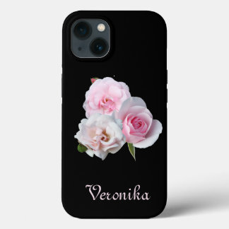 Etui iPhone 13 Trois roses roses. Ajouter du texte.