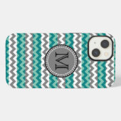 Etui iPhone 13 Turquoise et Chevron Gris Monogramme Zigzag (Verso Horizontal)