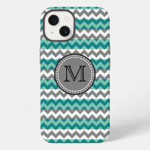 Etui iPhone 13 Turquoise et Chevron Gris Monogramme Zigzag