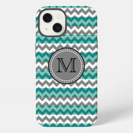 Etui iPhone 13 Turquoise et Chevron Gris Monogramme Zigzag (Verso)