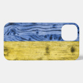 Etui iPhone 13 Ukraine drapeau bleu jaune motif de texture de boi (Verso Horizontal)
