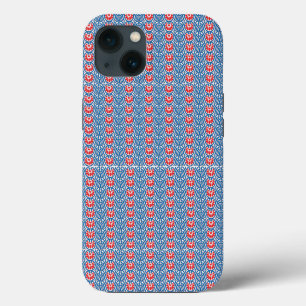 Etui iPhone 13 un fond bleu avec des motifs rouges et blancs