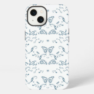 Etui iPhone 13 un papier peint bleu et blanc avec un motif dessus