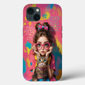Etui iPhone 13 Une fille et son chat - jolie illustration de l'an
