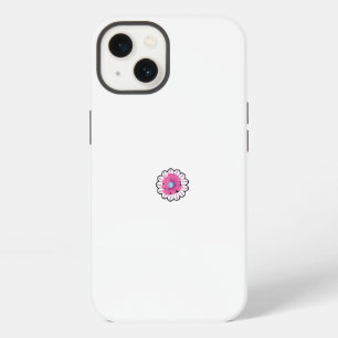 Etui iPhone 13 une fleur rose avec un centre bleu sur un fond bla