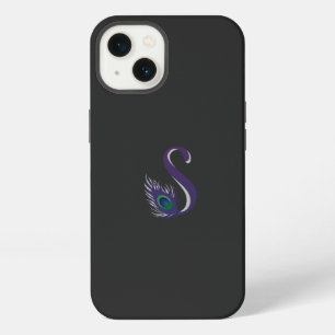 Etui iPhone 13 une plume de paon violette et verte sur un fond no