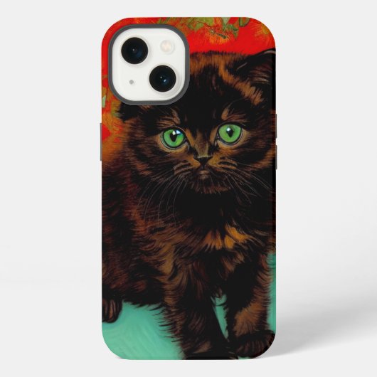 Etui iPhone 13 Van Gogh Chat noir Fleurs rouges (Verso)