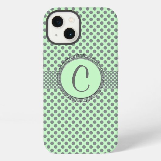 Etui iPhone 13 Vert Menthe avec Points Gris-Monogramme STaylor (Verso)