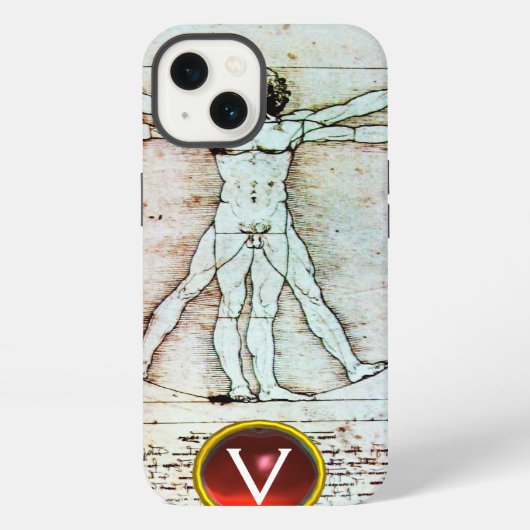 Etui iPhone 13 VITRUVIAN MAN Parchemin antique Rouge Ruby Monogra (Verso)