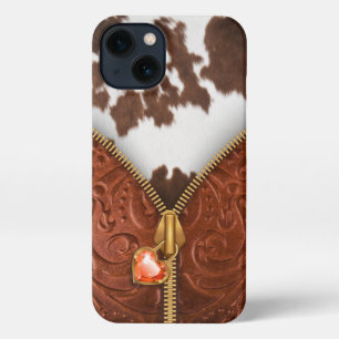 Etui iPhone 13 Zipper Occidental Cowhide Cuir à outils
