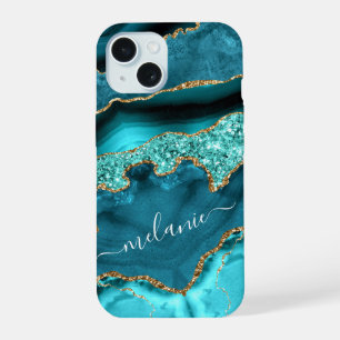 Étui iPhone bleu sarcelle or turquoise Nom personn