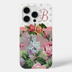 Coque iPhone 15 Pro Monogramme rose floral vintage de point de polka