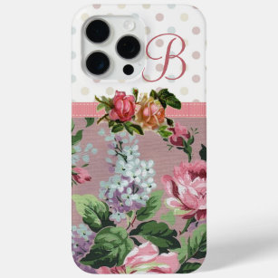 Coque iPhone 15 Pro Max Monogramme rose floral vintage de point de polka