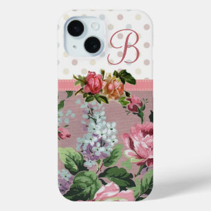 Coque Pour iPhone 15 Monogramme rose floral vintage de point de polka