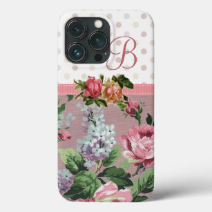 iPhone 13 Pro Coque Monogramme rose floral vintage de point de polka