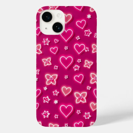 Étui iPhone Cœurs et Étoiles Néon Rose (Verso)