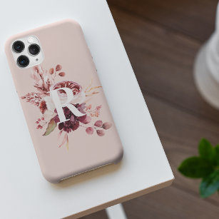 Coque iPhone Moderne Pastel Rose & Flore Rouge Avec Initiale