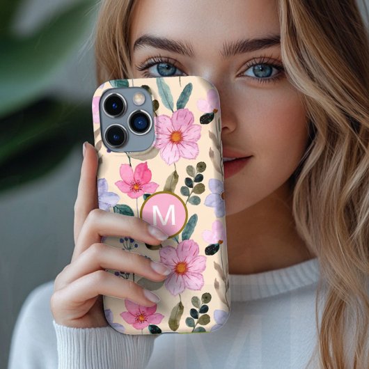Étui iPhone monogramme bohème fleur rose
