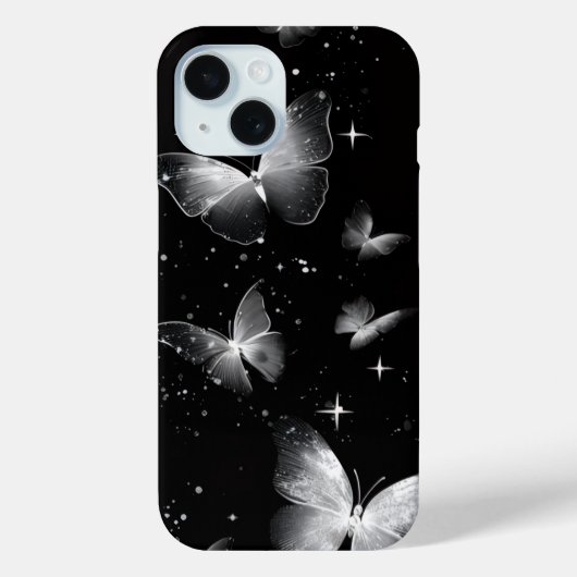 Étui iPhone noir papillons blancs lumineux (Verso)