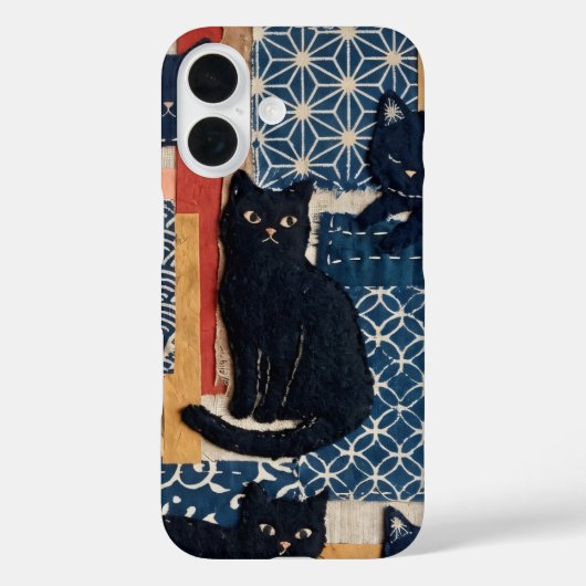 Étui iPhone Patchwork Chats Noirs Japonais Mignons (Verso)
