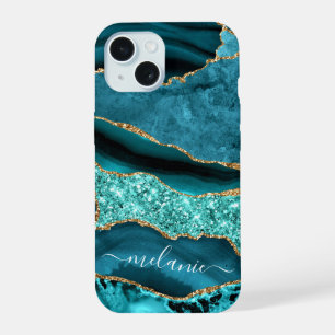 Étui iPhone Teal Blue Gold Turquoise Votre Nom