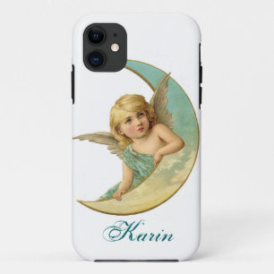 Étui iPhone Vintage Ange et Lune Ajoutez Votre Nom