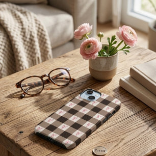 Étui mat à carreaux gingham cœur marron Cocoa