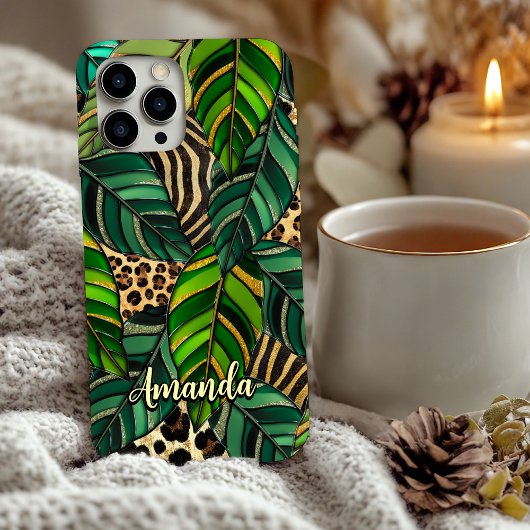 Étui monogramme avec feuilles de monstera et impre
