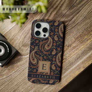 Étui personnalisable bleu foncé beige motif Paisle