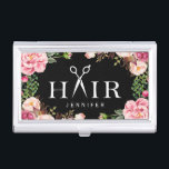 Étui Pour Cartes De Visite Décor floral Girly de logo de typographie de coupe<br><div class="desc">================= AU SUJET DE CE ================= DE CONCEPTION Porte-cartes de carte de visite floral Girly de décor de logo de typographie de coupe de cheveux. (1) tout le style des textes, couleurs, tailles peut être modifié pour adapter vos besoins. (2) si vous avez besoin de n'importe quels articles de personnalisation...</div>