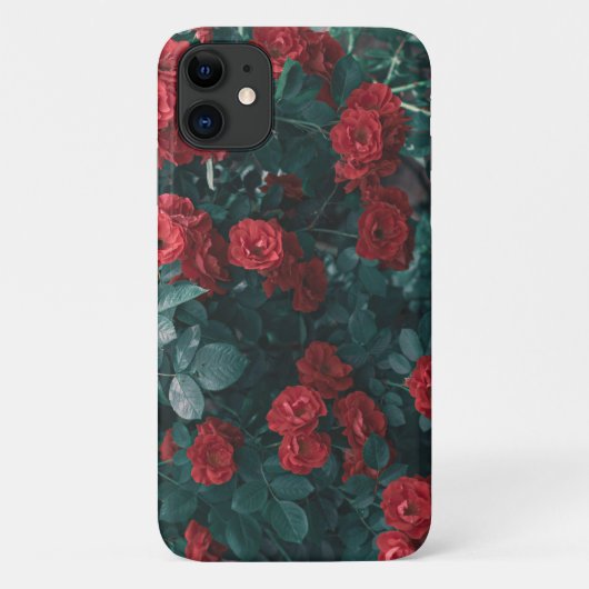 Étui pour iPhone 11 Fleurs de Roses Rouges Vertes  (Dos)