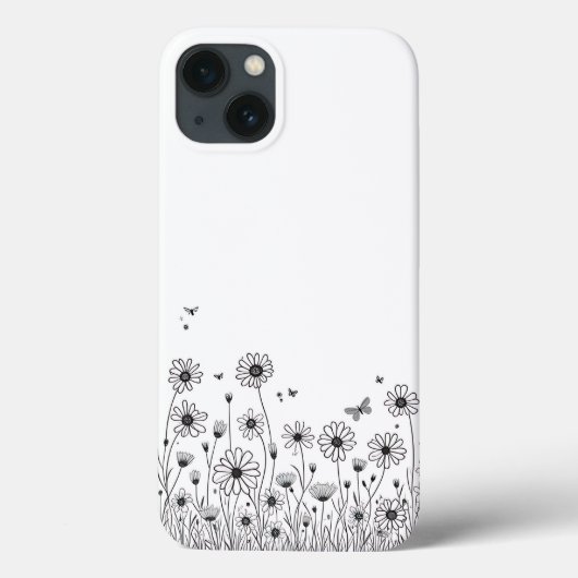 Étui pour iPhone 13 Fleur sauvage noir et blanc (Verso)