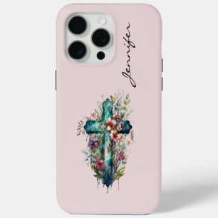 Étui pour iPhone 15 Croix Chrétienne Florale