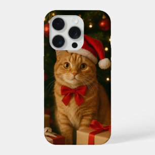 Étui pour iPhone 15 Pro avec ruban de Noël et chat